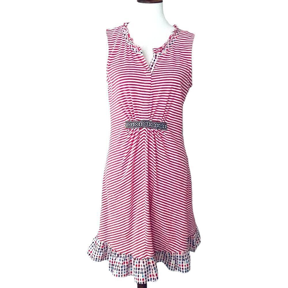 🍀Esley Women's Pink White Striped Ruffle Notch Neck Sleeveless A-Line Dress Sz M